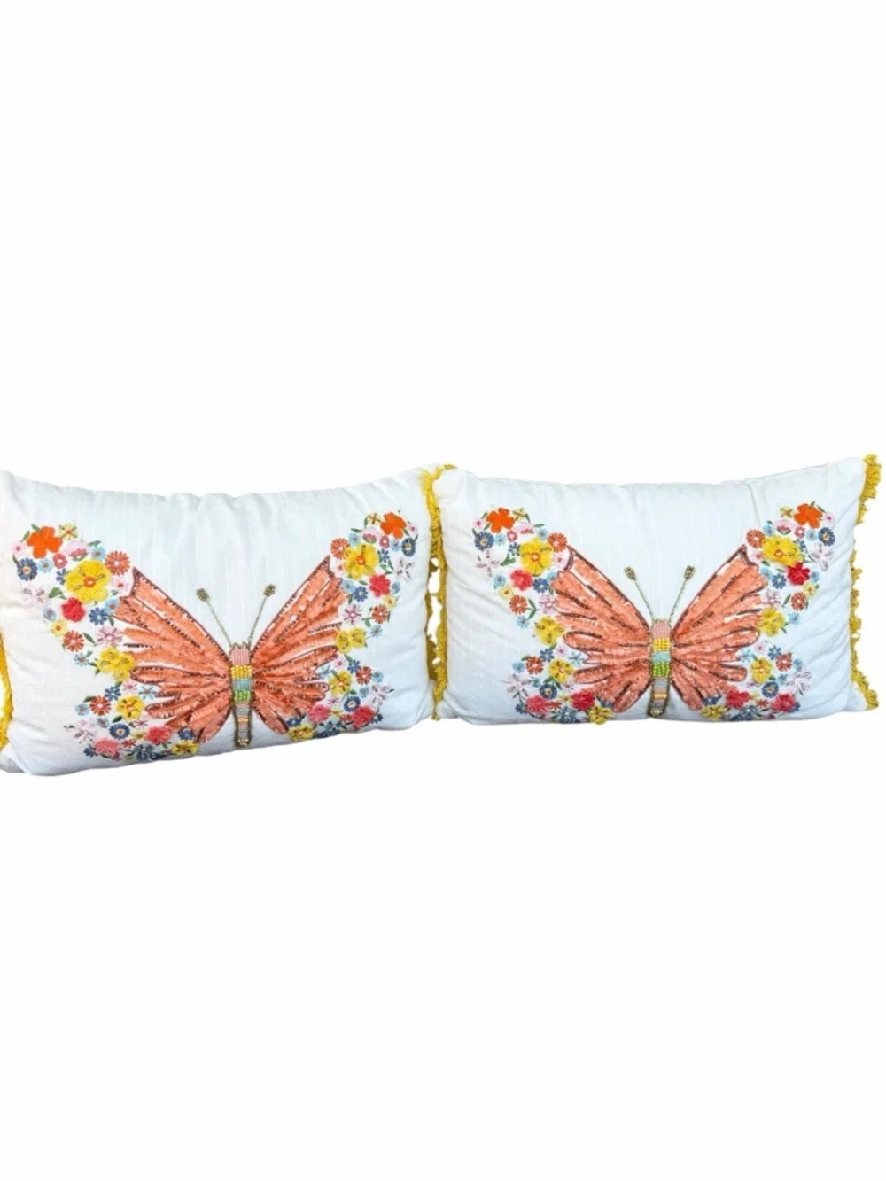 Sonoma Beaded Butterfly Embroidered Accent Pillow Set Colorful Fringe 14x20 GUC